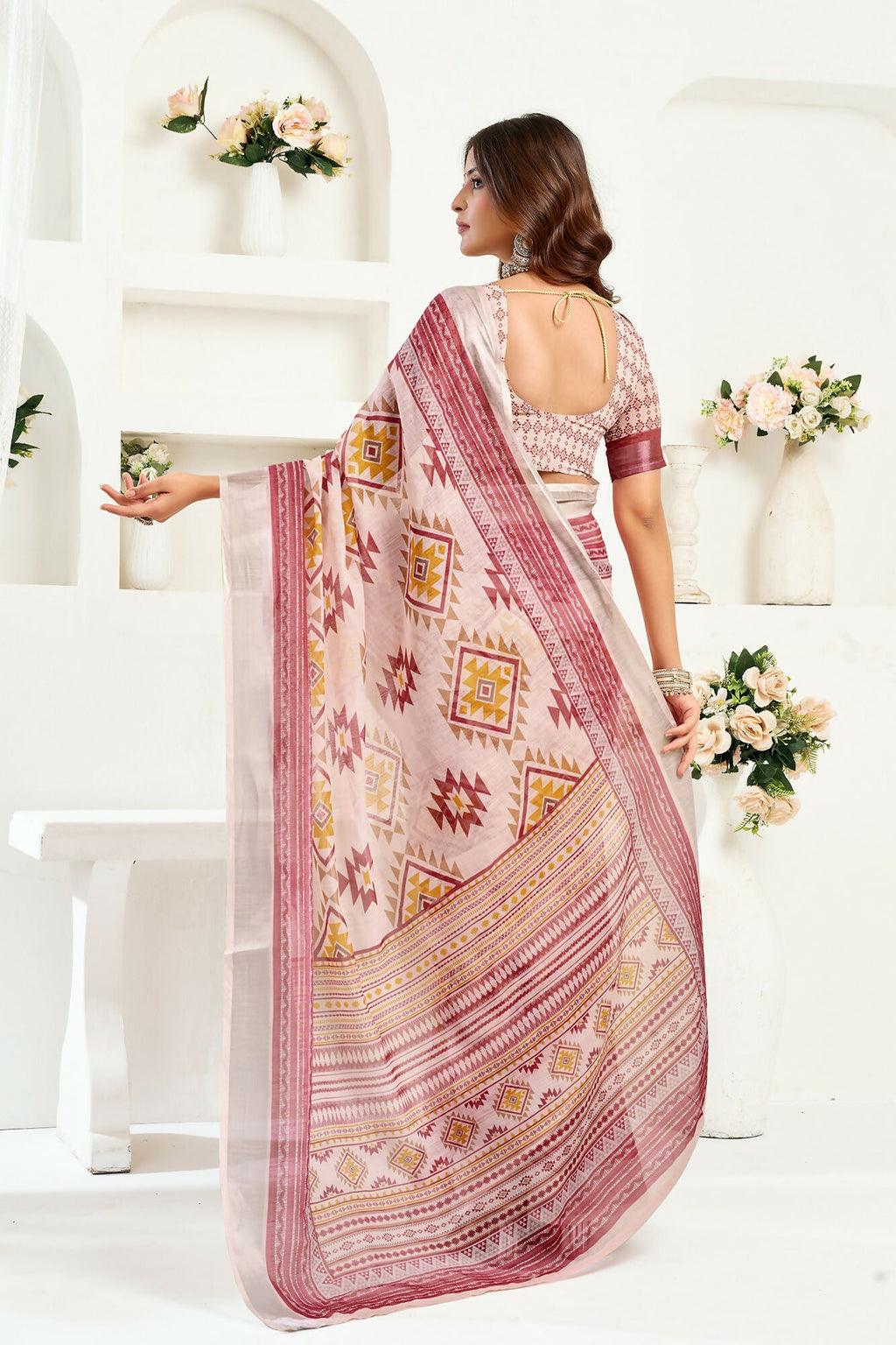 Vastranavya White Maroon Digital Printed Linen Ready To Wear Designer Saree with Unstitched Blouse - Distacart