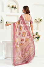 Vastranavya White Maroon Digital Printed Linen Ready To Wear Designer Saree with Unstitched Blouse - Distacart