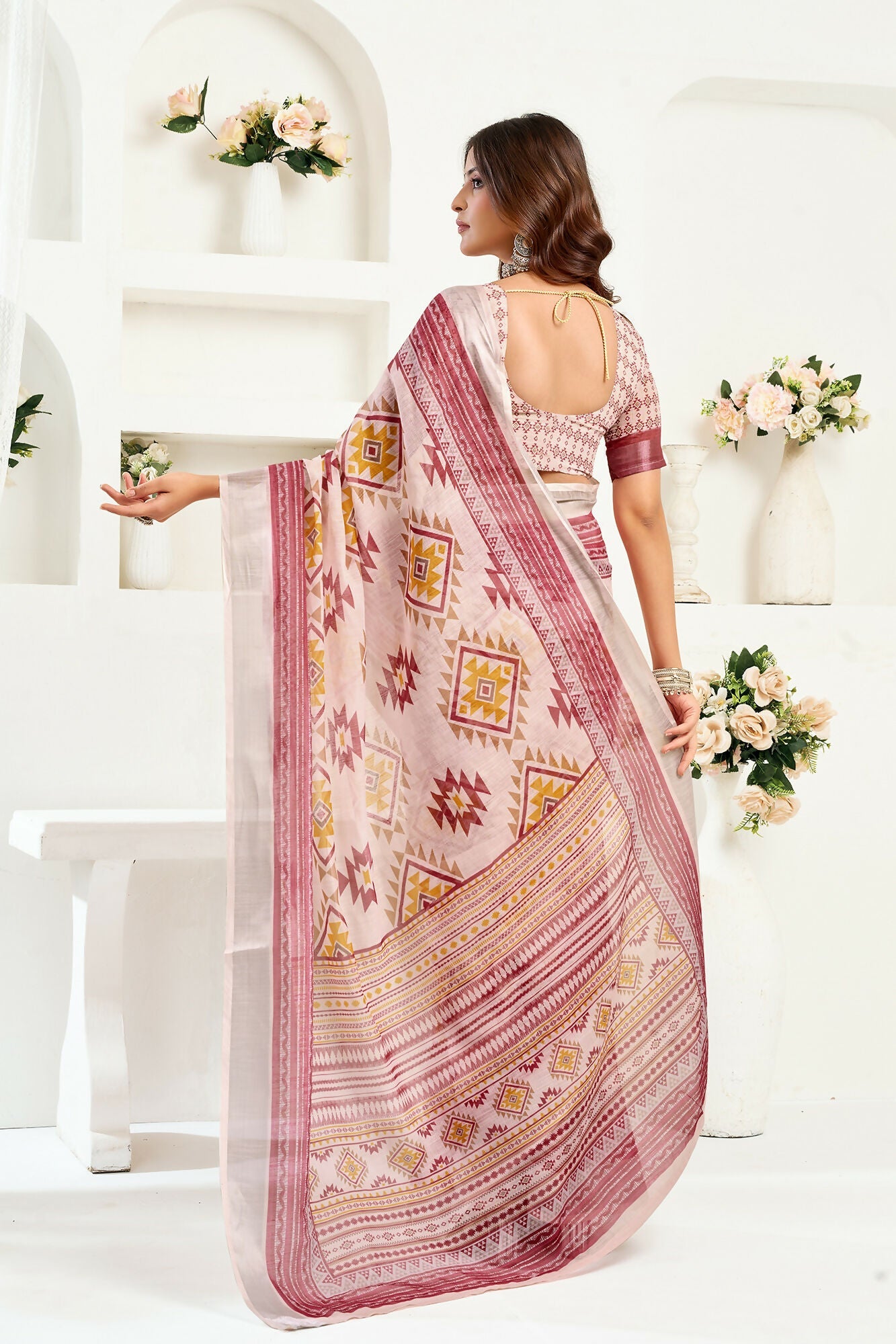 Vastranavya White Maroon Digital Printed Linen Ready To Wear Designer Saree with Unstitched Blouse - Distacart