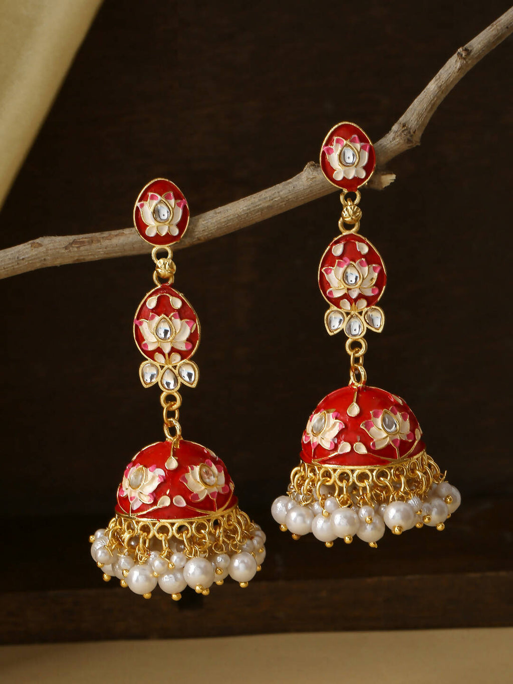 NVR Women Gold Plated Red Kundan Jhumkas Earrings - Distacart