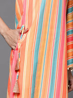 Ahalyaa Peach-Coloured & Blue Printed Striped Asymmetric Taselled Kaftan Kurta Palazzos - Distacart