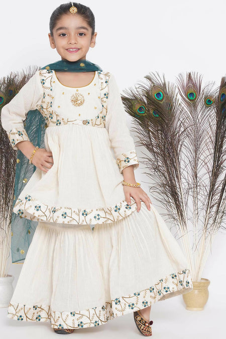 Little Bansi Blue Floral Embroidery Jacket with Cotton Kantha Frock Sharara and Dupatta with Ghungroo Handwork - Cream