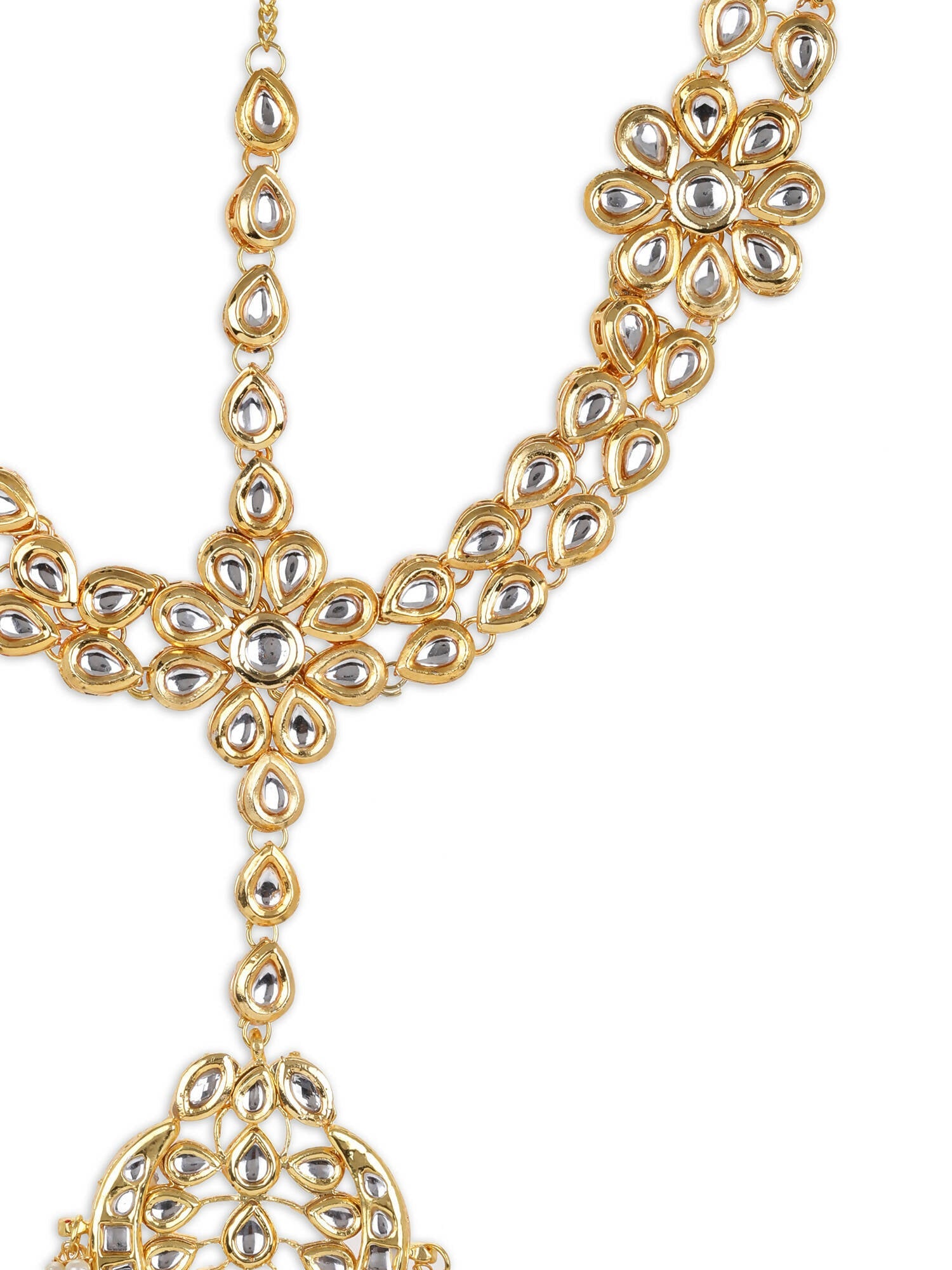 Gold-Plated White Kundan-Studded Pearl Beaded Matha Patti - Ruby Raang - Distacart