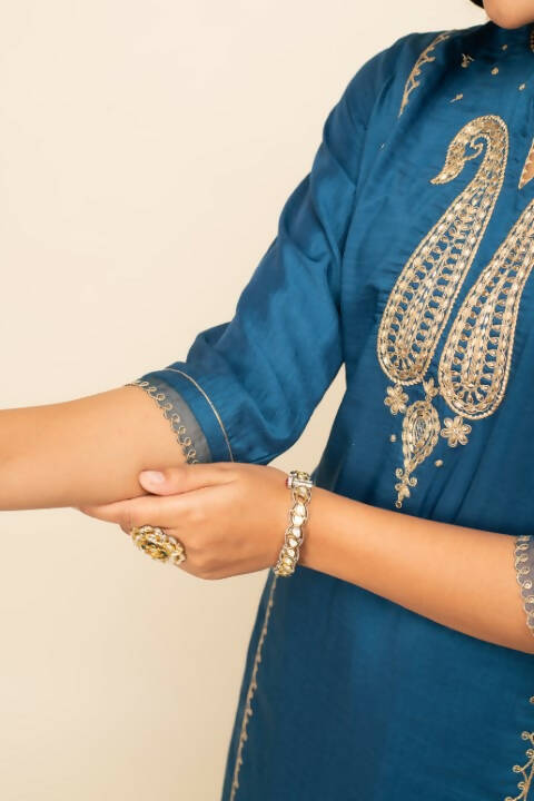 FIORRA Women's Teal Blue Silk Blend Straight Kurta Palazzo Set With Dupatta