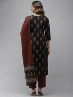 Yufta Women Black & Rust Brown Ethnic Motifs Printed Kantha Work Pure Cotton Kurta Set
