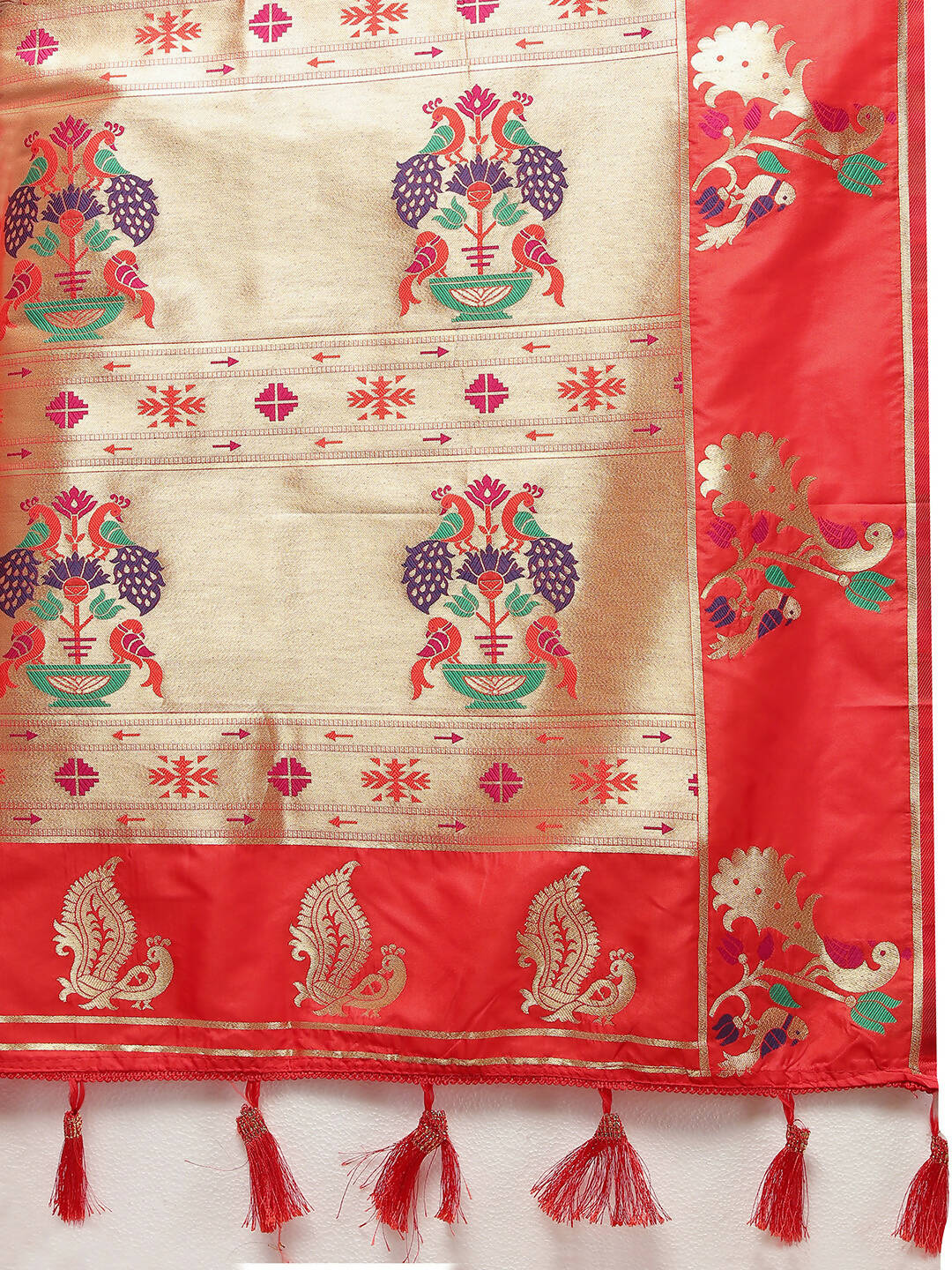 Lorenvalley Fashion Red Soft Paithani Silk Woven Design Copper Zari Meenakari Weaving Saree