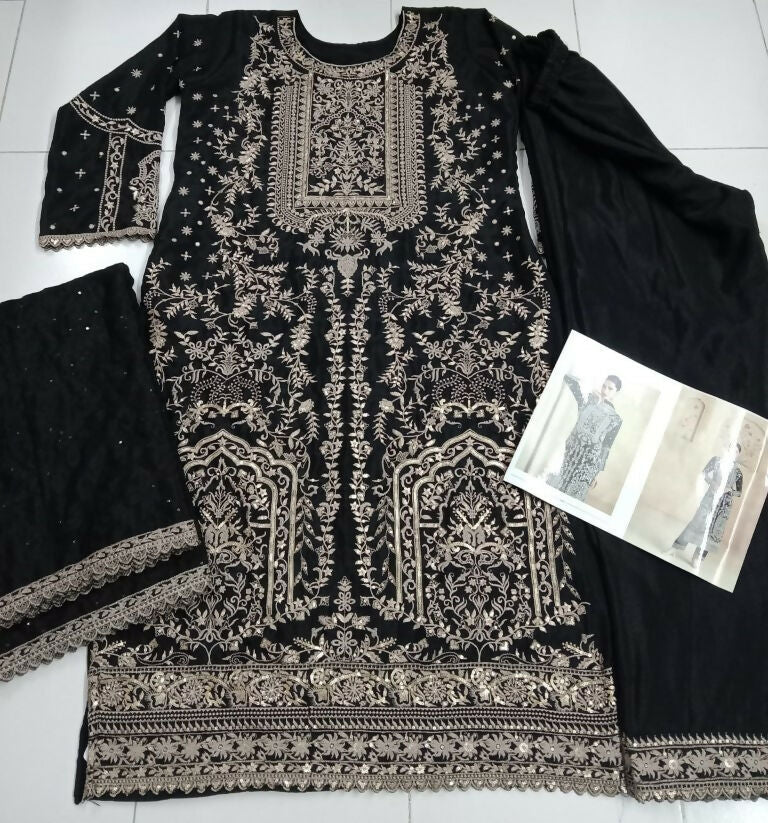 Vastranavya Black Chinon Silk Embroidered Sequins Pakistani Straight Pant Suit