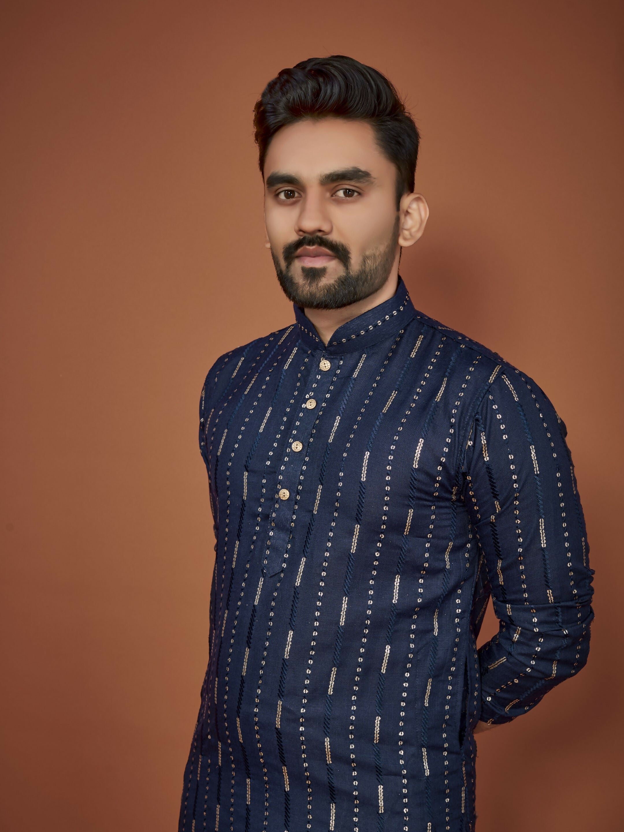 Anaita Navy Blue Embroidered Cotton Straight Kurta