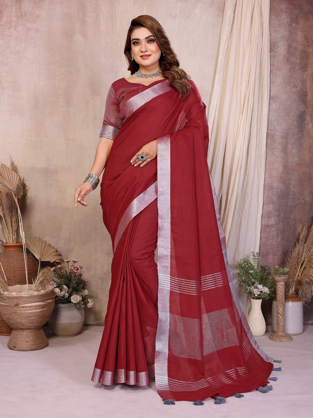 Anaita Red Weaving Linen Cotton Saree With Blouse - Distacart