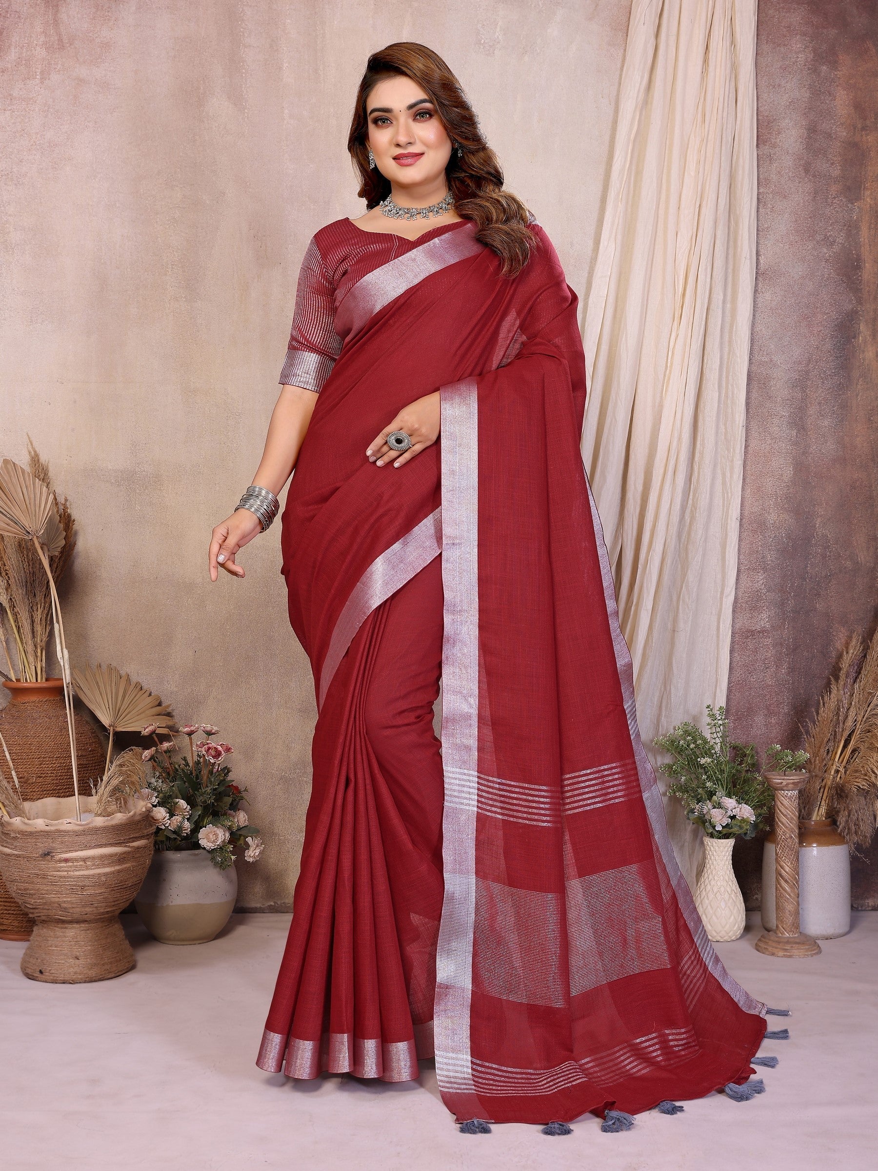 Anaita Red Weaving Linen Cotton Saree With Blouse - Distacart