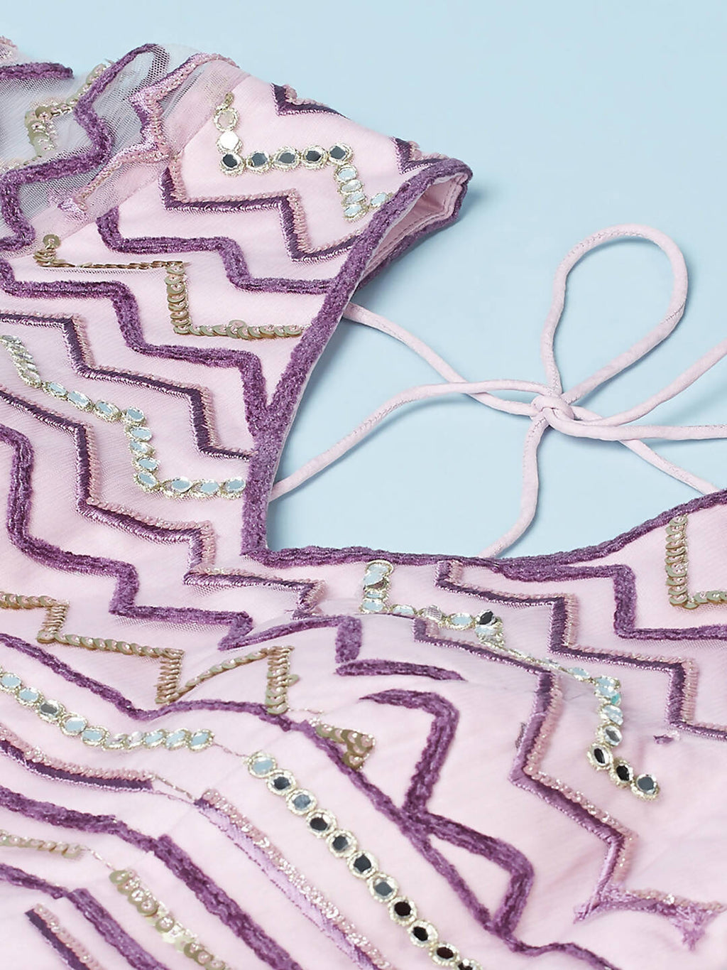 House of Panchhi Women Lavender Net Zig-Zag Embroideried Lehenga, Blouse & Dupatta
