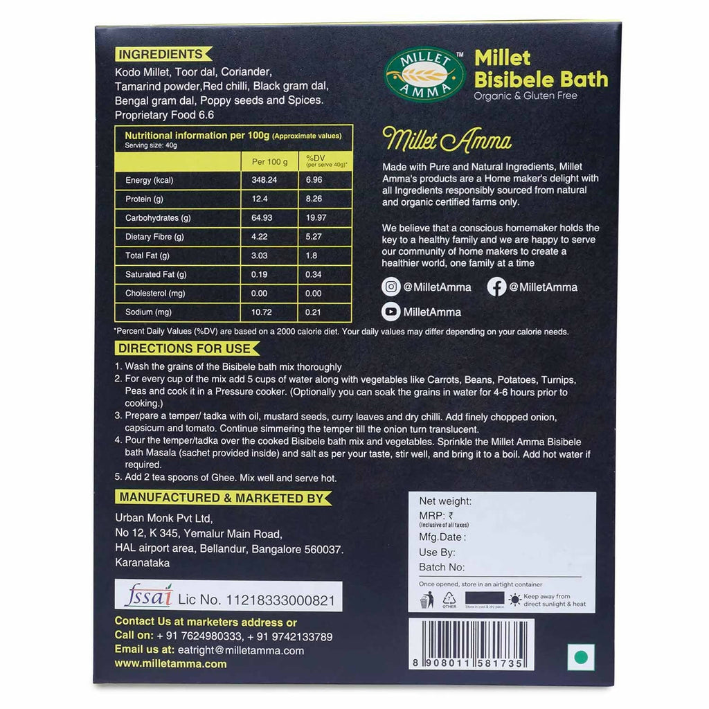Millet Amma Organic Millet Bisibele Bath Mix - Distacart