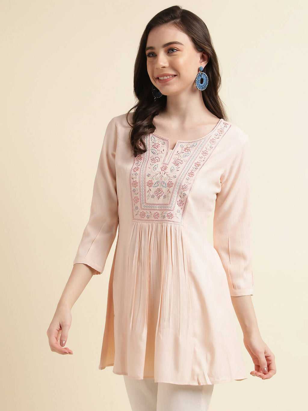 Peach Viscose Rayon Yoke Embroidered A-line Top - Tarini