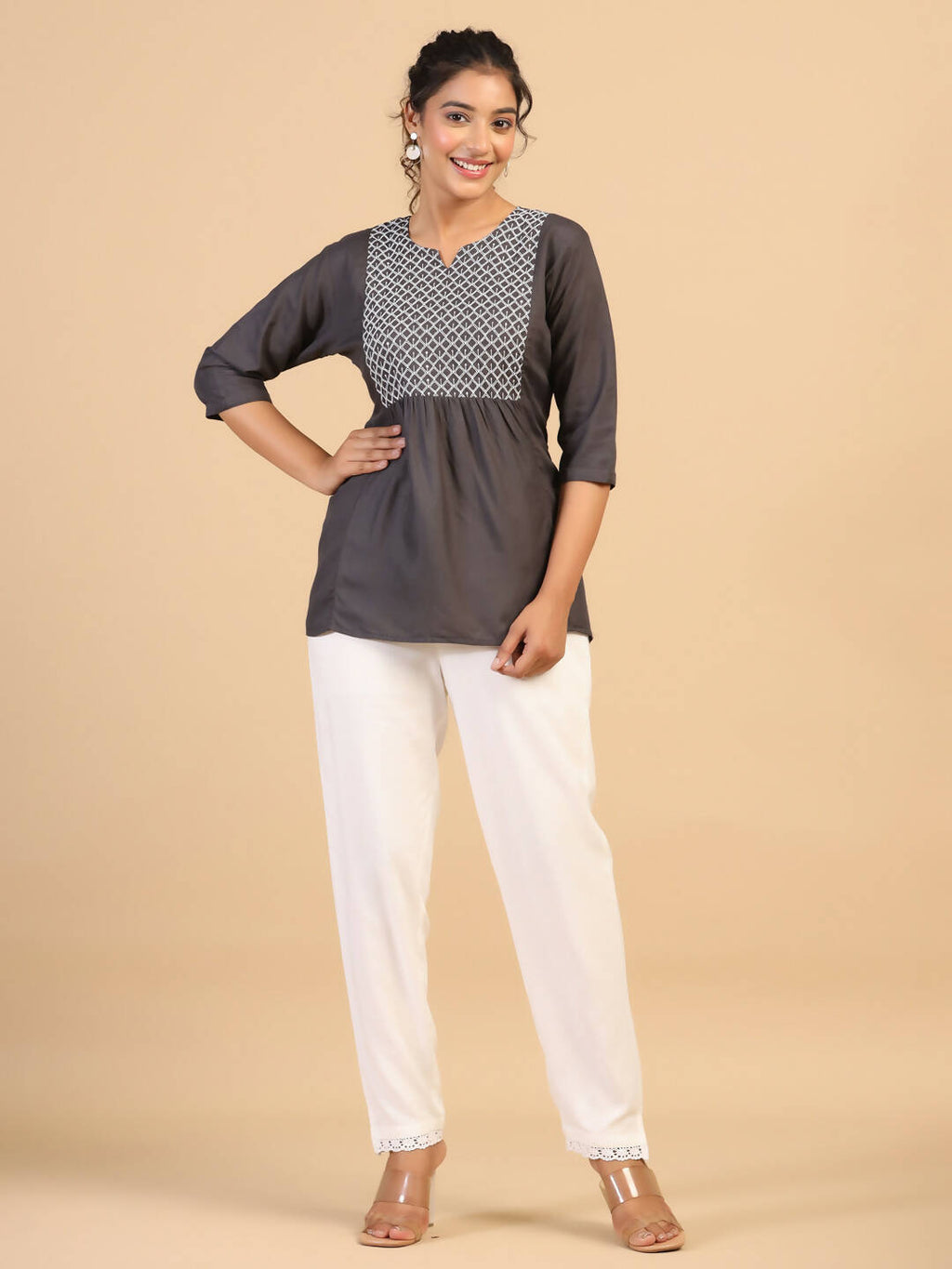 Womens Grey Rayon Yoke Embroidered Top - Keeva
