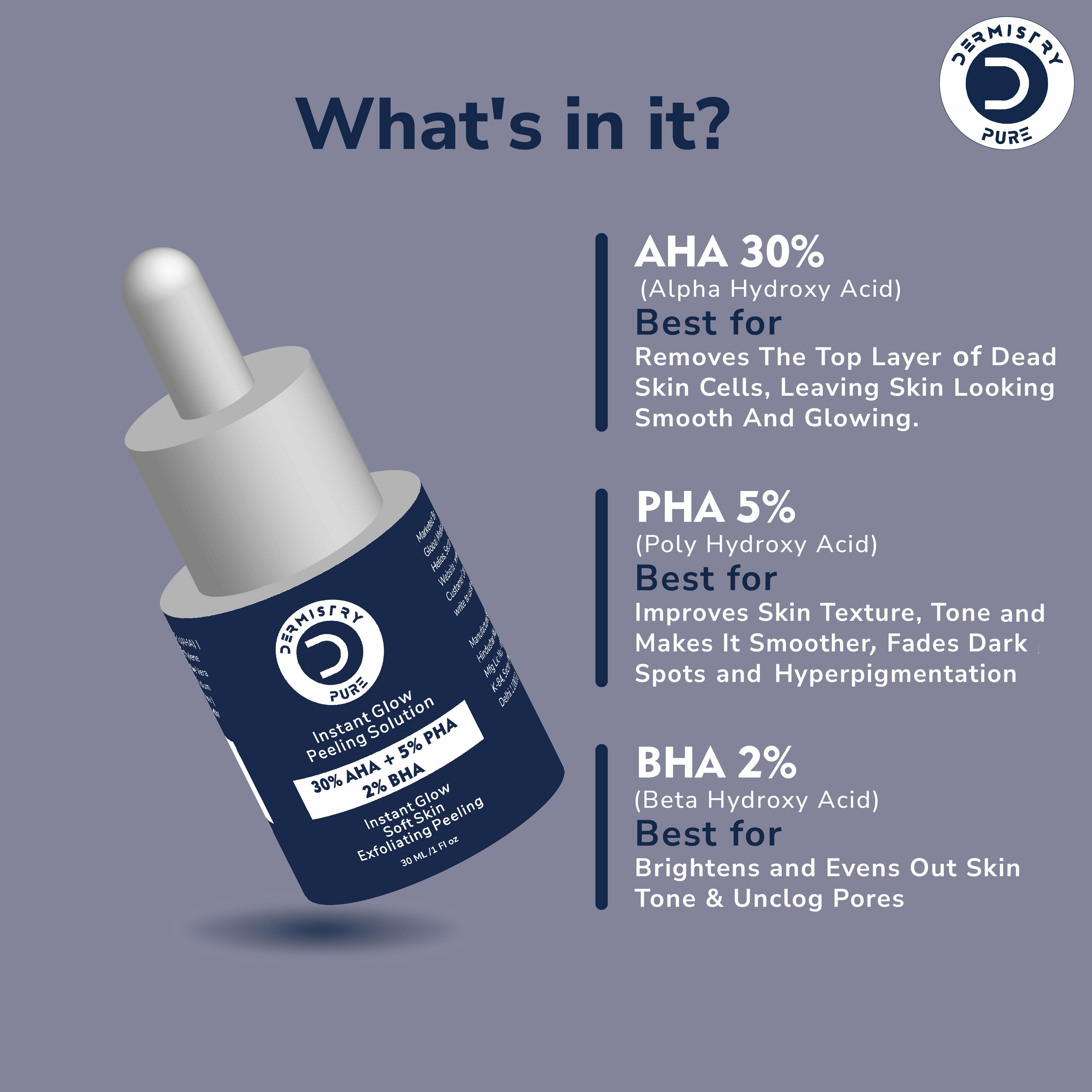 Dermistry 30% AHA 5% PHA 2% BHA Peeling Exfoliating Solution Instant Bright Glow Fairness Face Serum