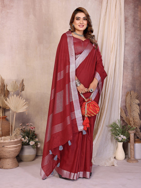 Anaita Red Weaving Linen Cotton Saree With Blouse