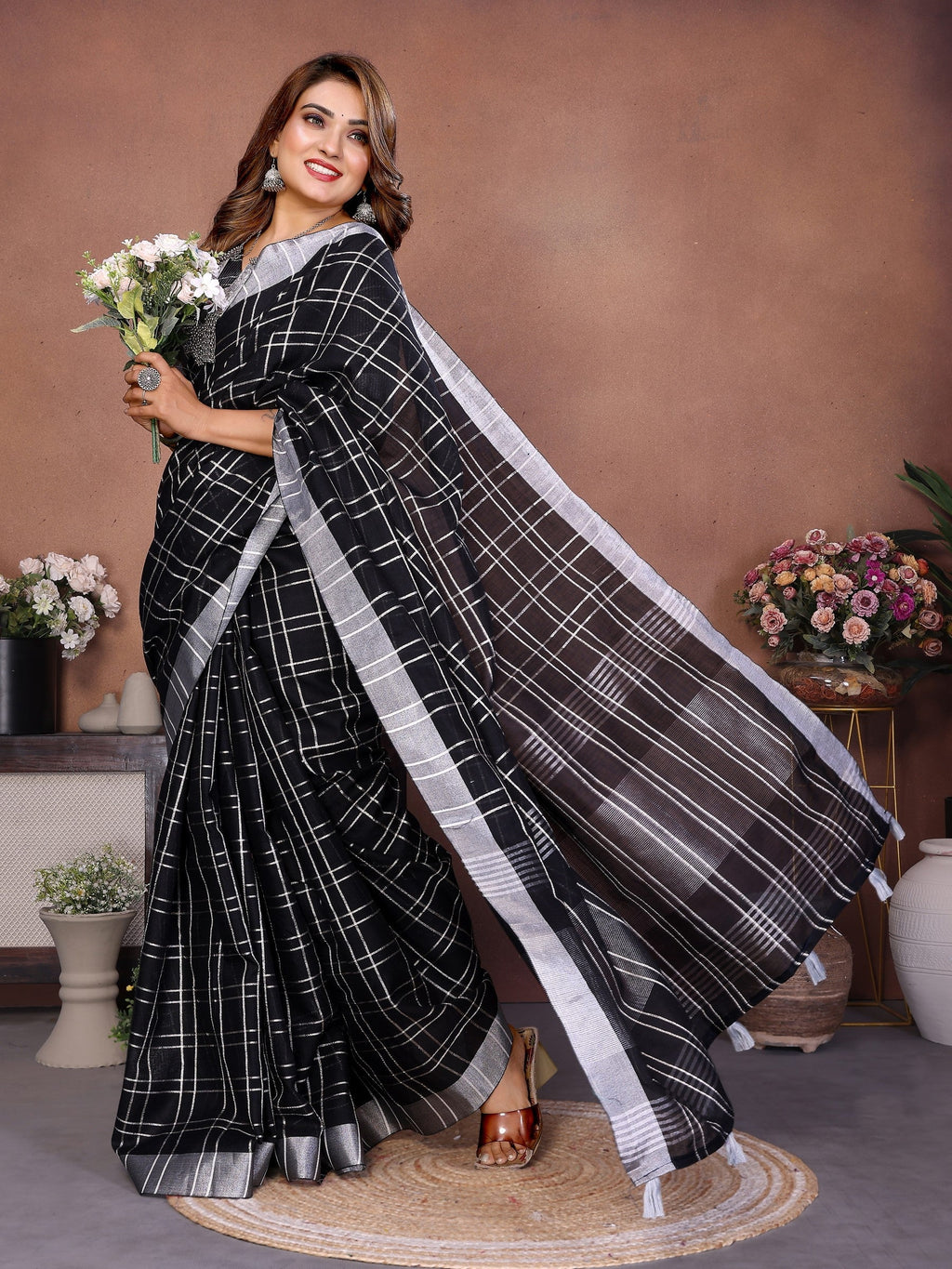 Anaita Black Weaving Linen Cotton Saree With Blouse - Distacart