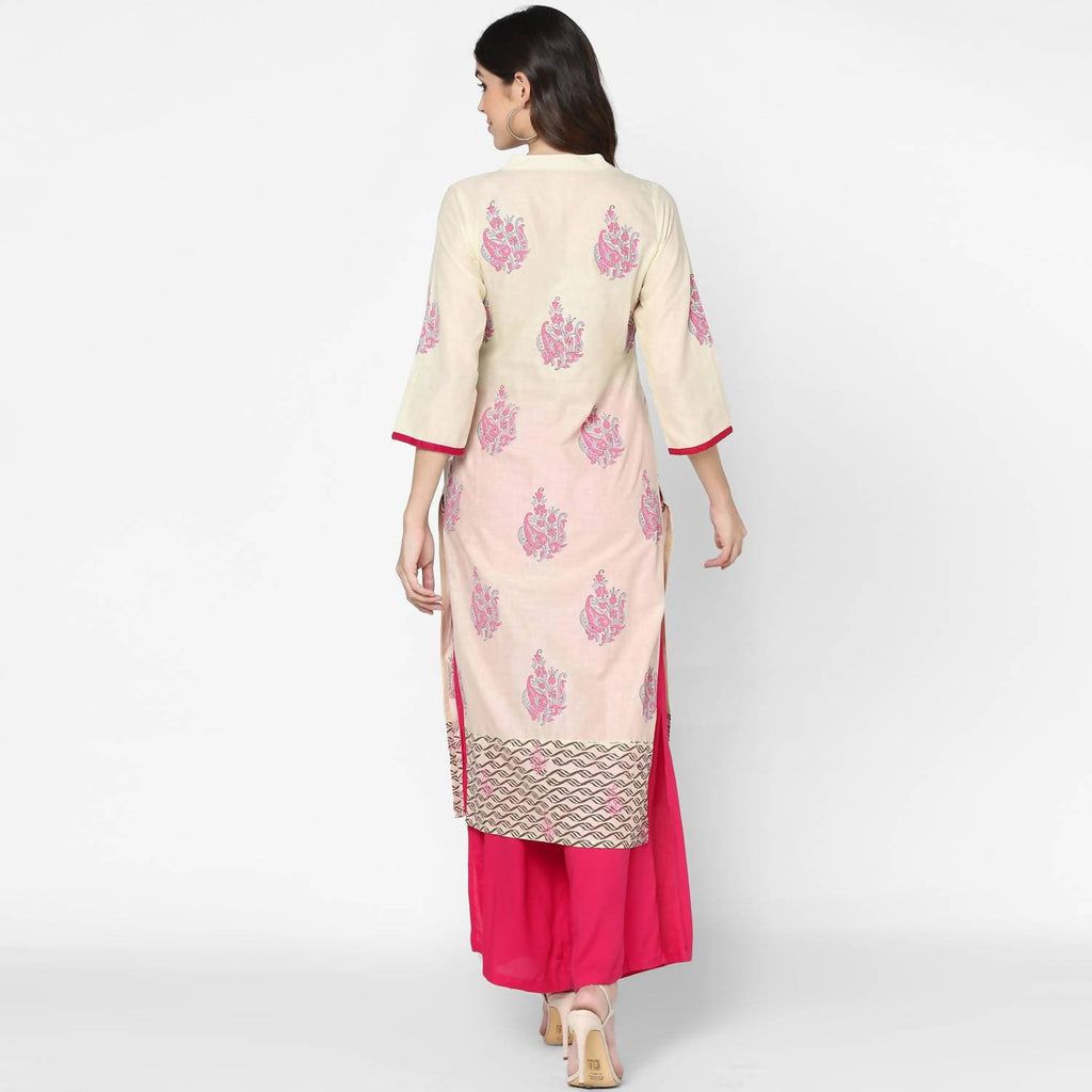 Cheera Hand Block Print Cream Straight Kurta (MAAI-061K)