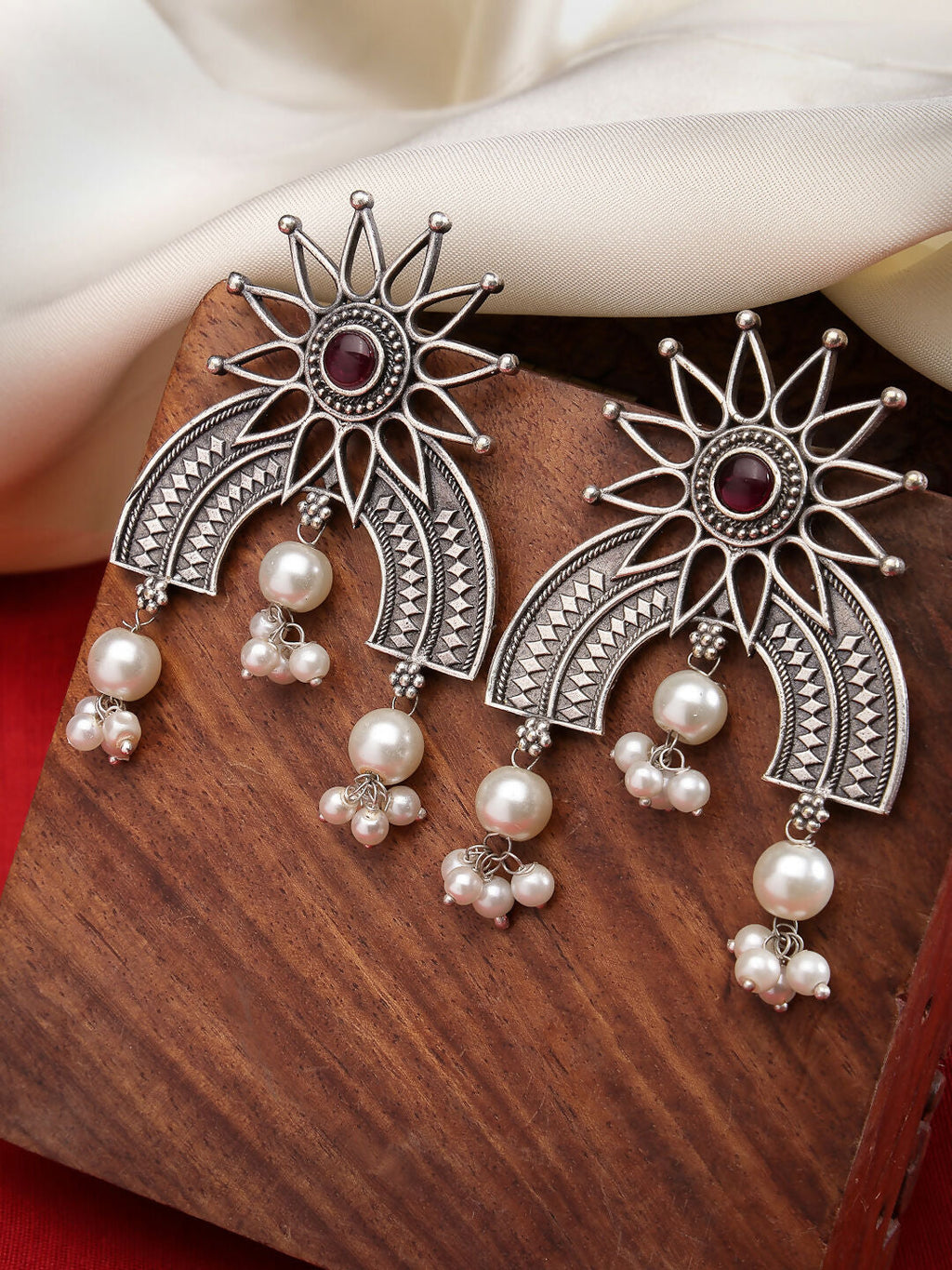 NVR Women's Floral Silver-Plated Artificial Stones and Beads Drop Earrings - Distacart