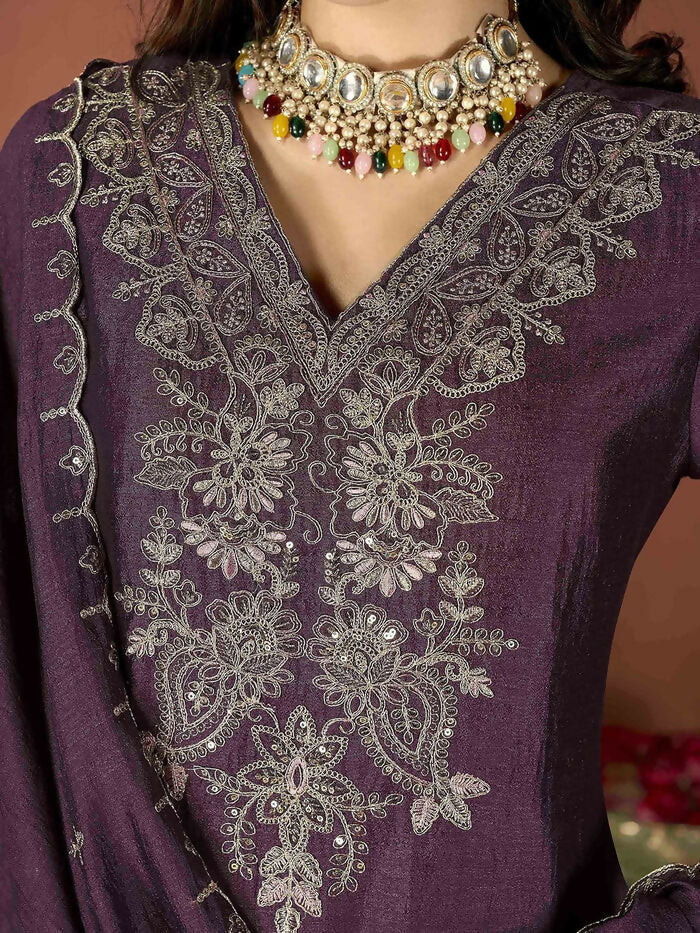 The52 Wine Women's Gorgeous Vichitra Fabric Embroidered Work Straight Kurta Pant and Dupatta Set - Distacart
