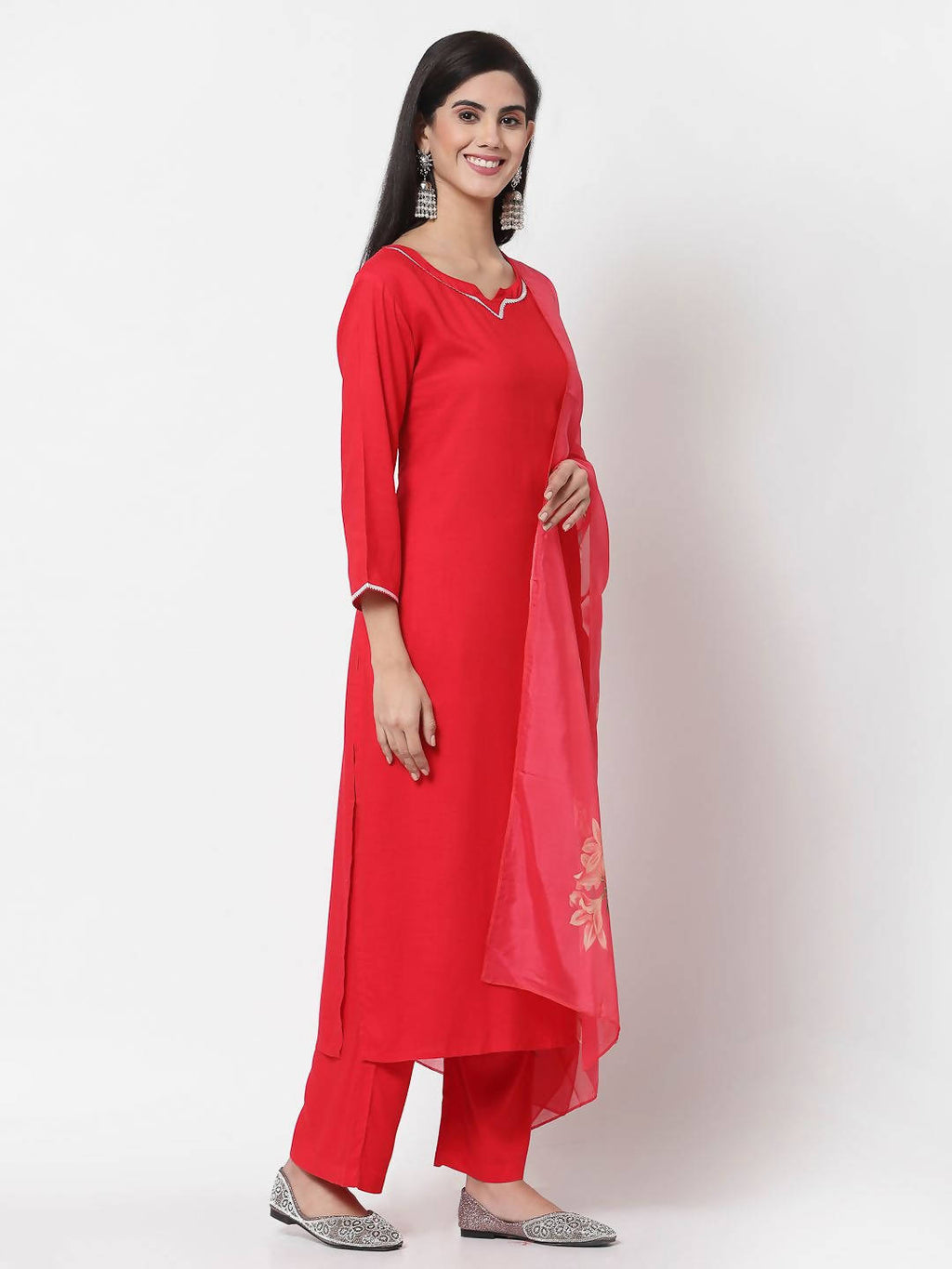 Myshka Red Cotton Solid 3/4 Sleeve Square Neck Casual Kurta Pant Dupatta Set