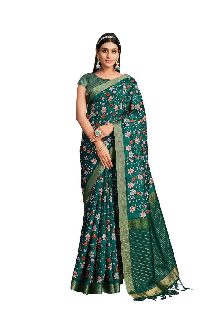 Green Tusser Silk Floral Sequence Embroidered Saree With Unstitched Blouse - Mohmanthan Aahana