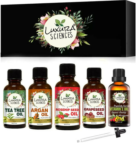 Luxura Sciences Organic Essential Oils for Skin Health - Rosehip Seed Oil, Argan Oil, Tea Tree Oil, Grape Seed Oil, Vitamin E