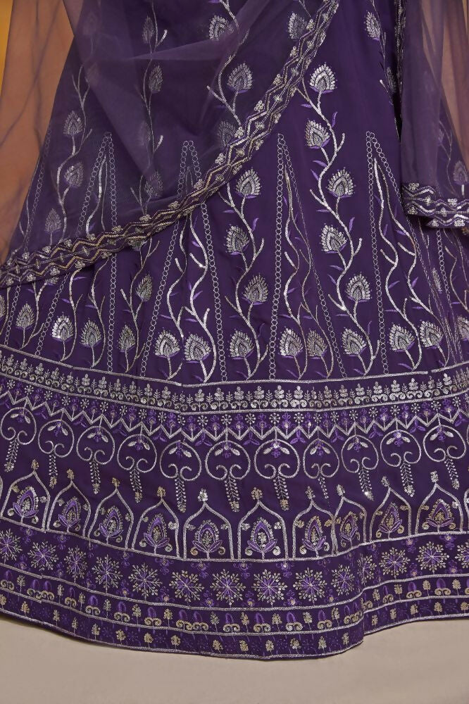 Purple Zari Sequence Embroidery Georgette Lehenga Choli - Jihu Culture