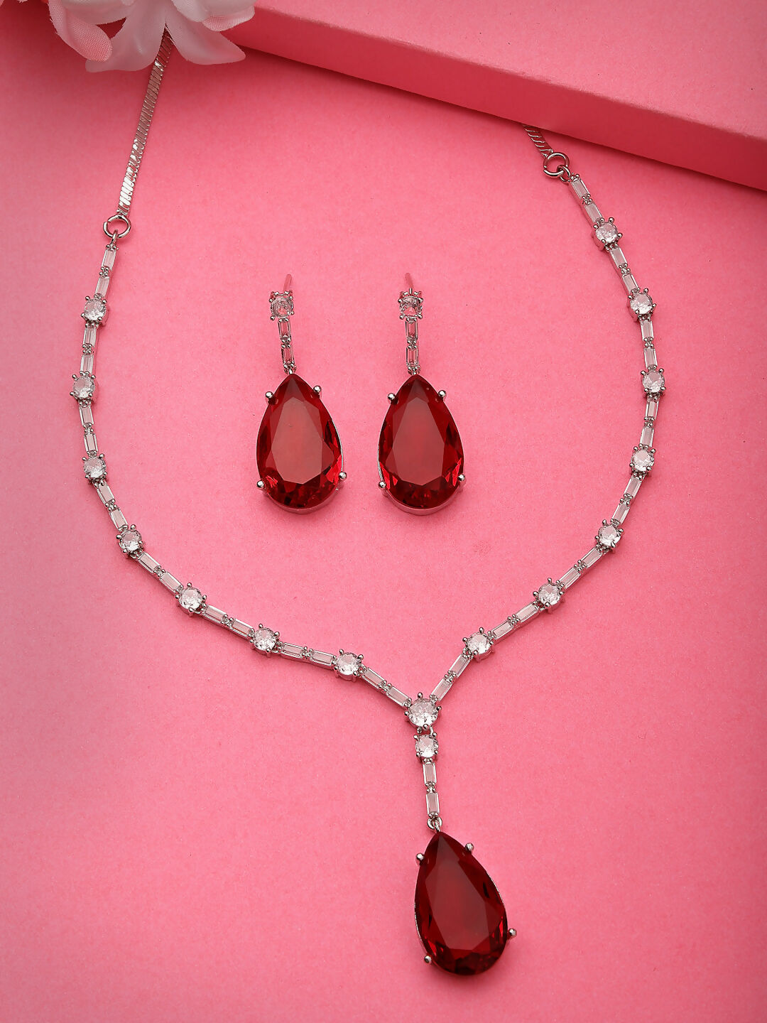 NVR Women's Silver-Plated Red Artificial Stones Studded Handcrafted Jewellery Set