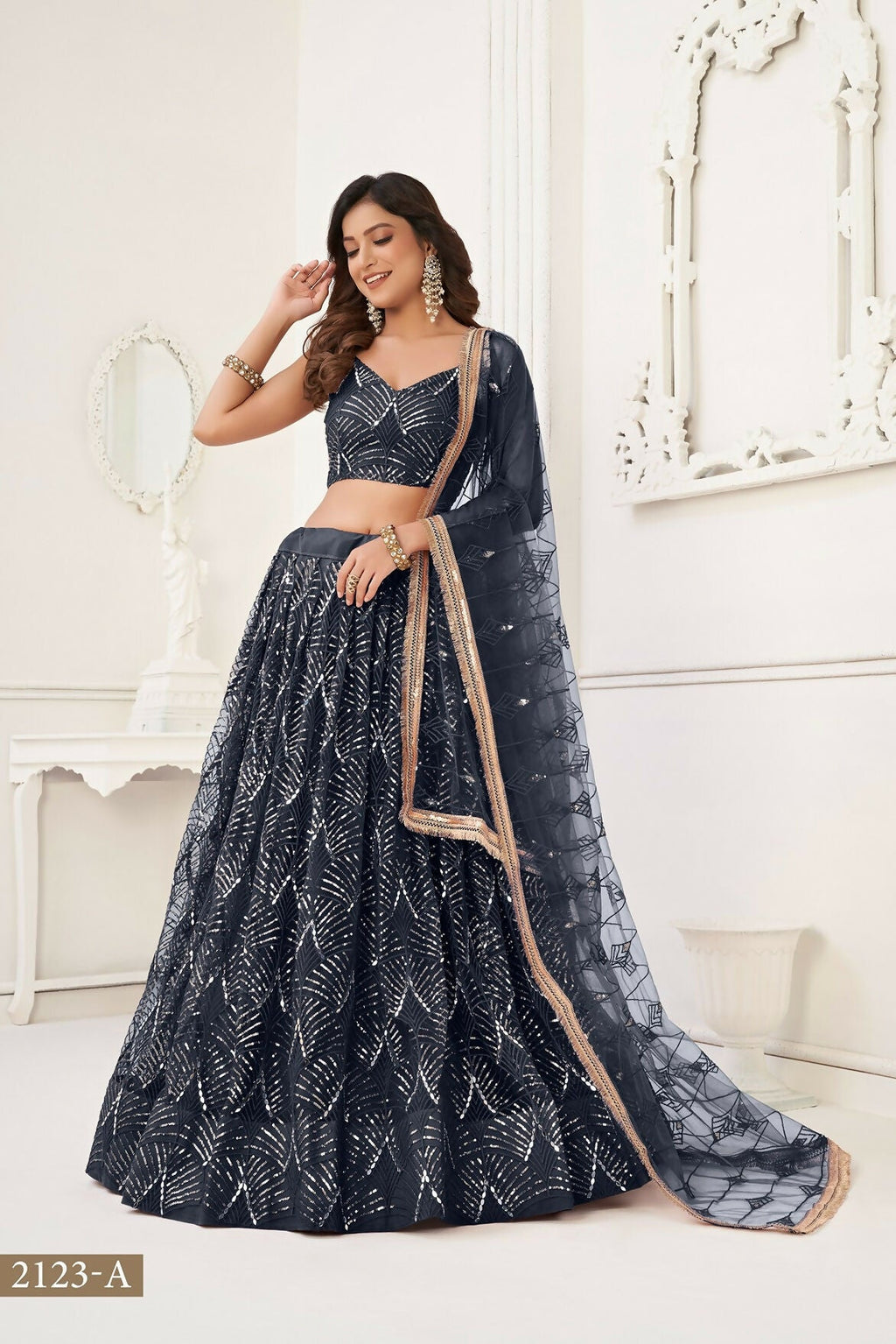 Eilara Glamorous Black Net With Sequins And Thread Embroidery Real Mirror Work Lehenga Choli For Wedding