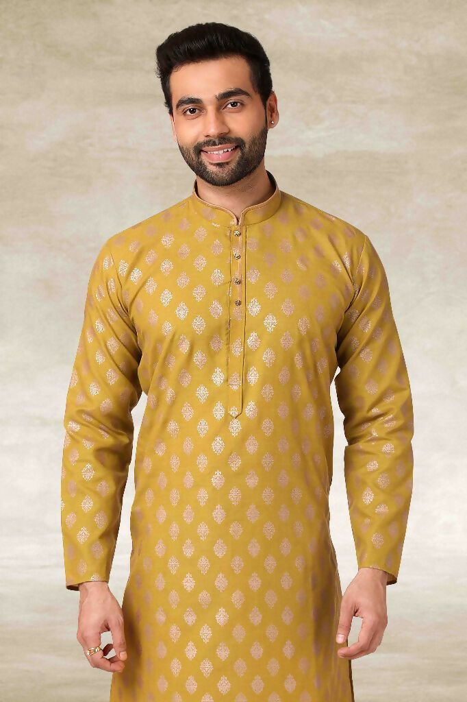 Raivat Ethnic Cotton Printed Work Kurta Pajama In Mustard Colour