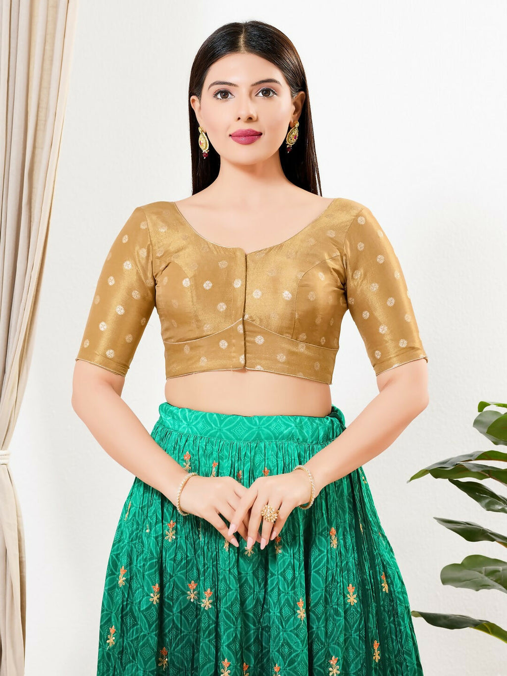 Joban Fashion Gold Tissue Padded Blouse With Round Neck Elbow Sleeves - Distacart