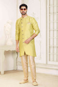 Raivat Ethnic Banarasi Jacquard Embroidery Semi Indo Western Sherwani In Lemon Yellow Colour