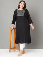Sztori Plus Size Floral Yoke Design Mirror Work Straight Kurta