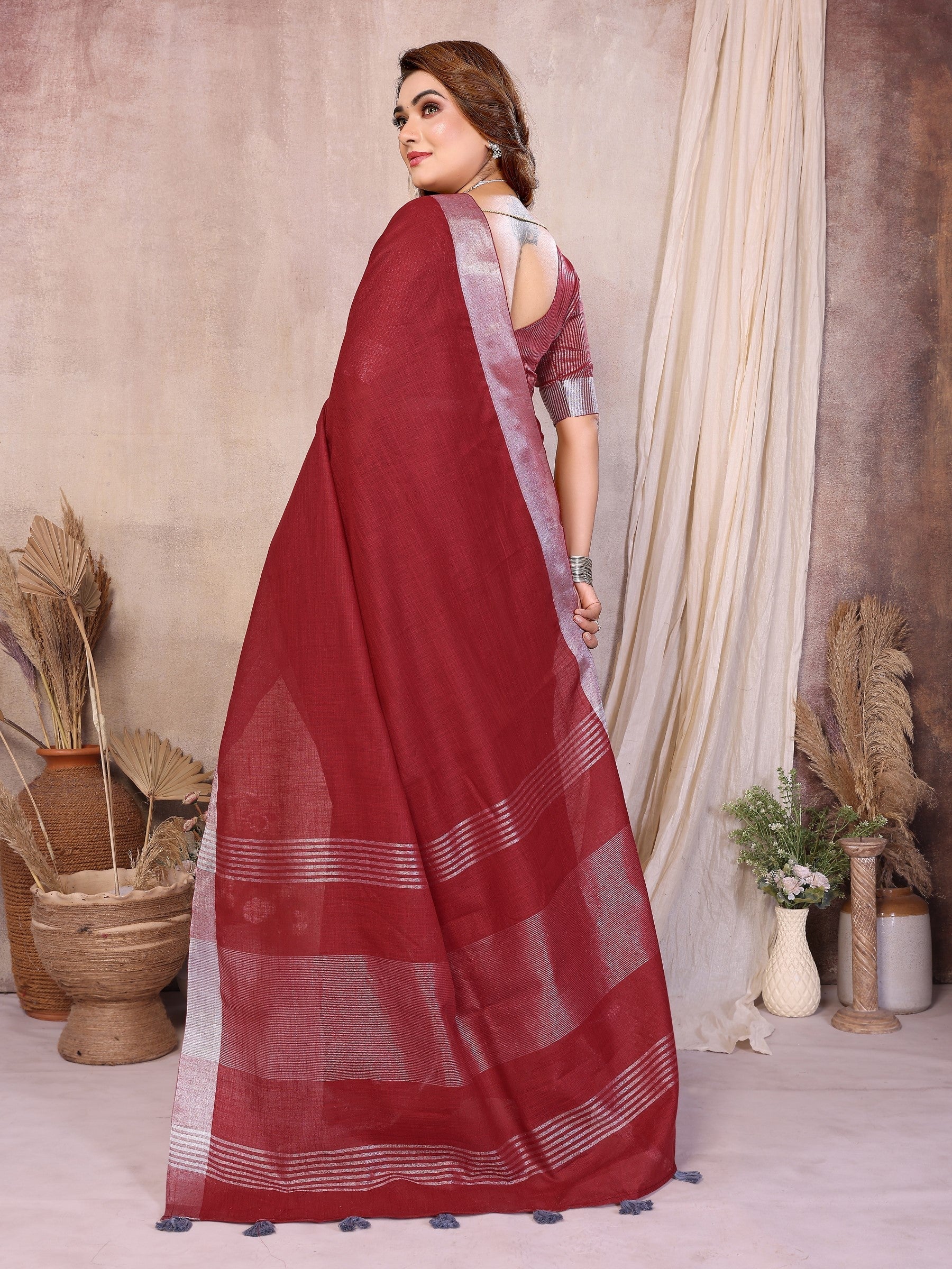 Anaita Red Weaving Linen Cotton Saree With Blouse - Distacart