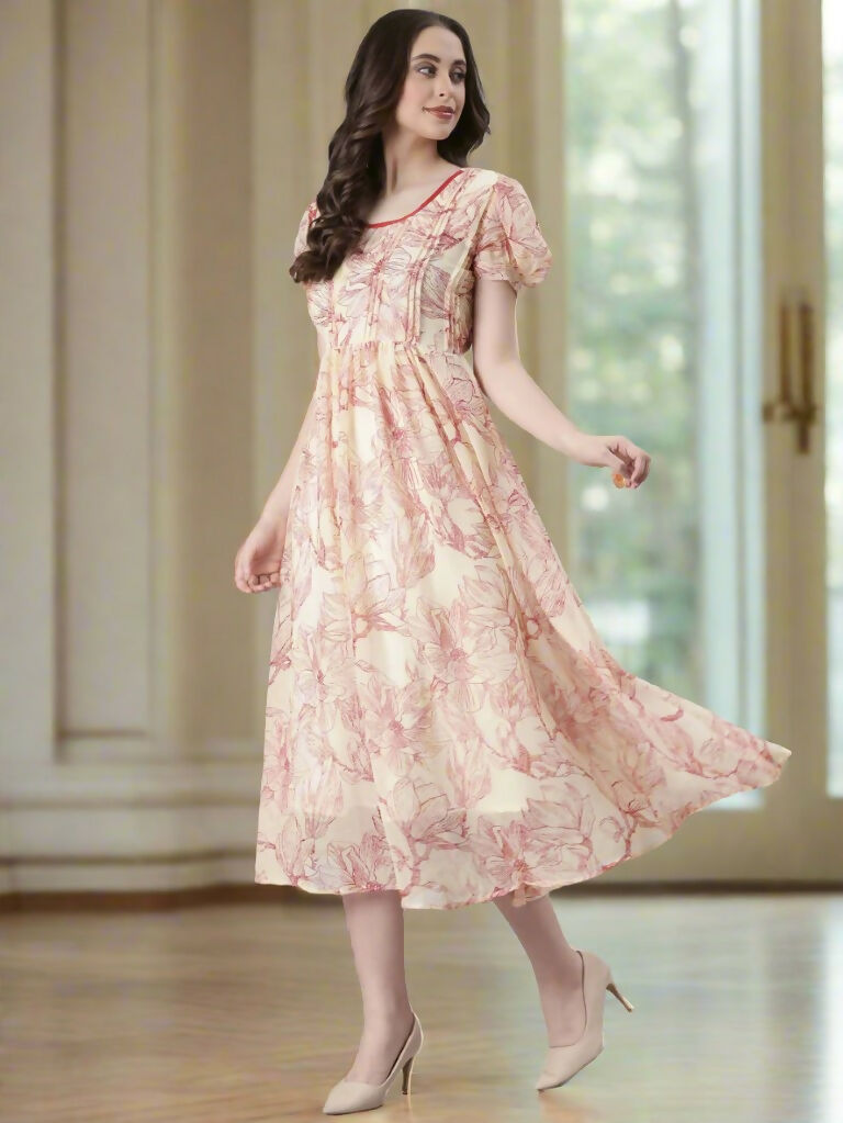 Souchii Cream & Red Floral Printed Fit & Flare Dress