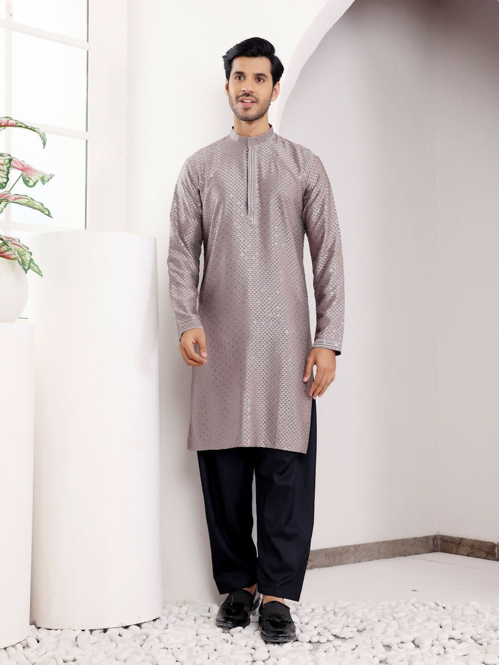 Grey Viscose Designer Chikankari Embroidery Work Men's Kurta - Mahotsav