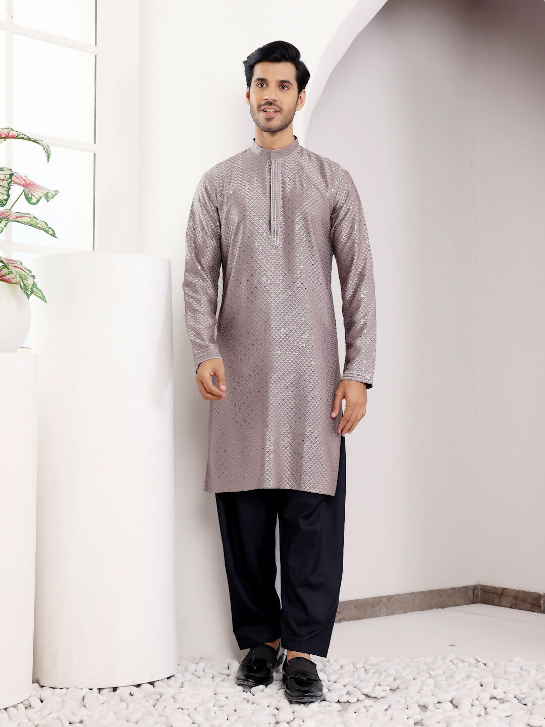 Grey Viscose Designer Chikankari Embroidery Work Men's Kurta - Mahotsav