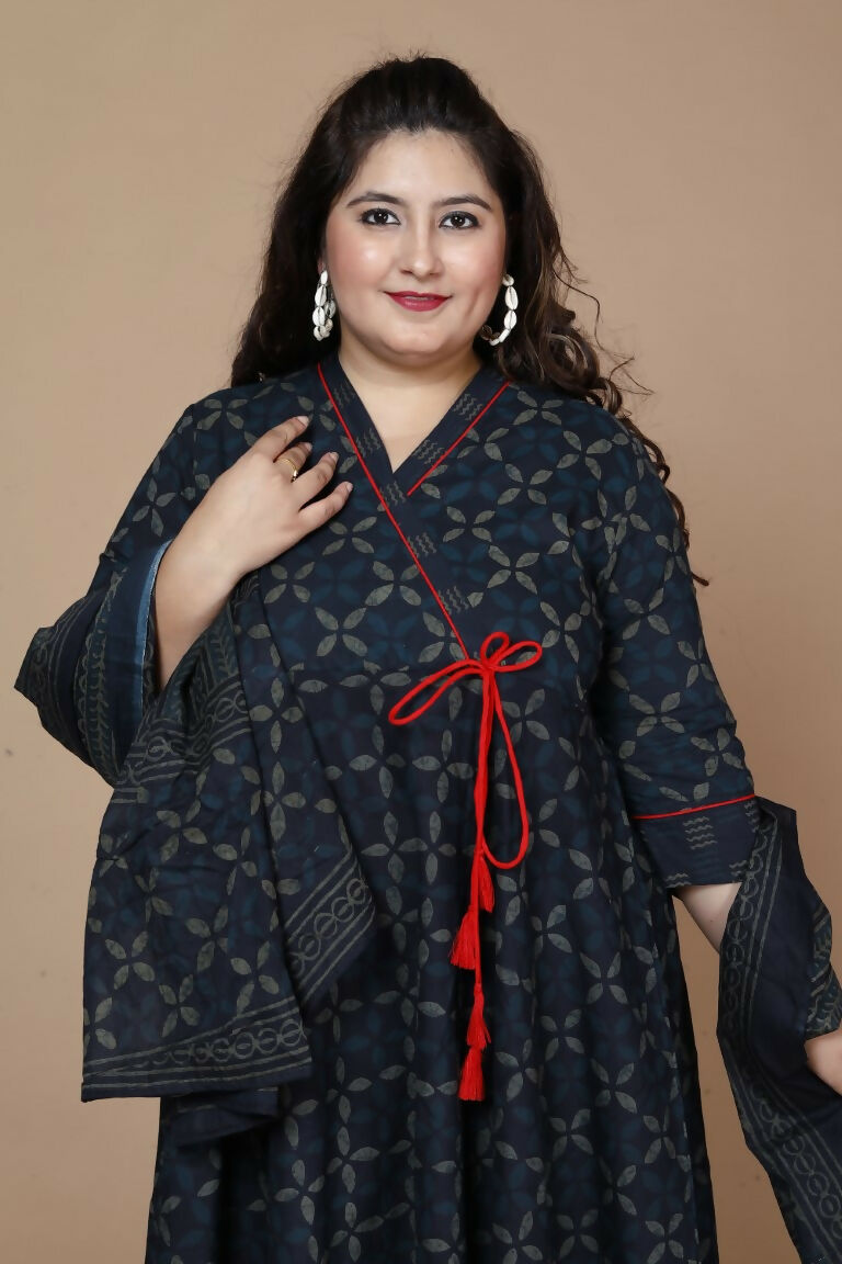 Miravan Women's Plus Size Abstract Printed & Tasseles Angrakha Kurta With Blue Dupatta Set