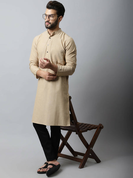 Even Apparels Beige Color Pure Cotton Men's Kurta With Band Collar (SLD1196)