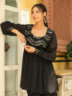 Janasya Black Georgette Sequined Tunic & Bottom