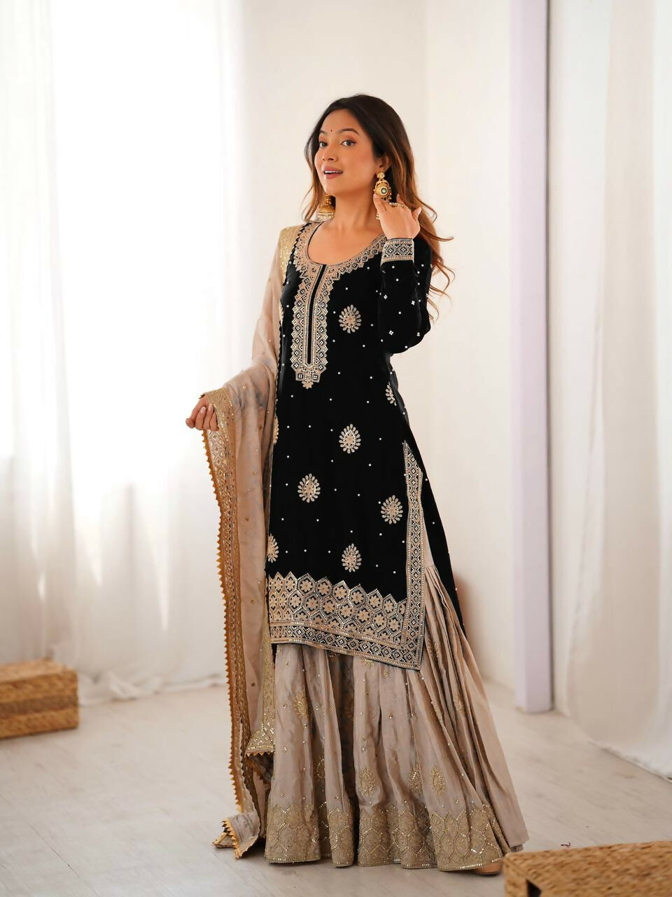 Lehenga Mart Designer Sharara Suit With Kurta, Sharara, Dupatta For Women-Black - Distacart
