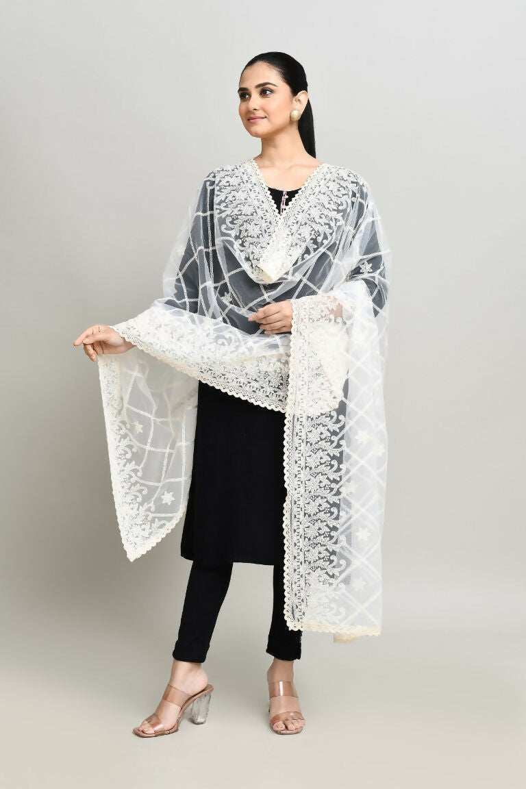 Joban Fashion White Cotton Embroidery Work Pakistani Karanchi Dupatta