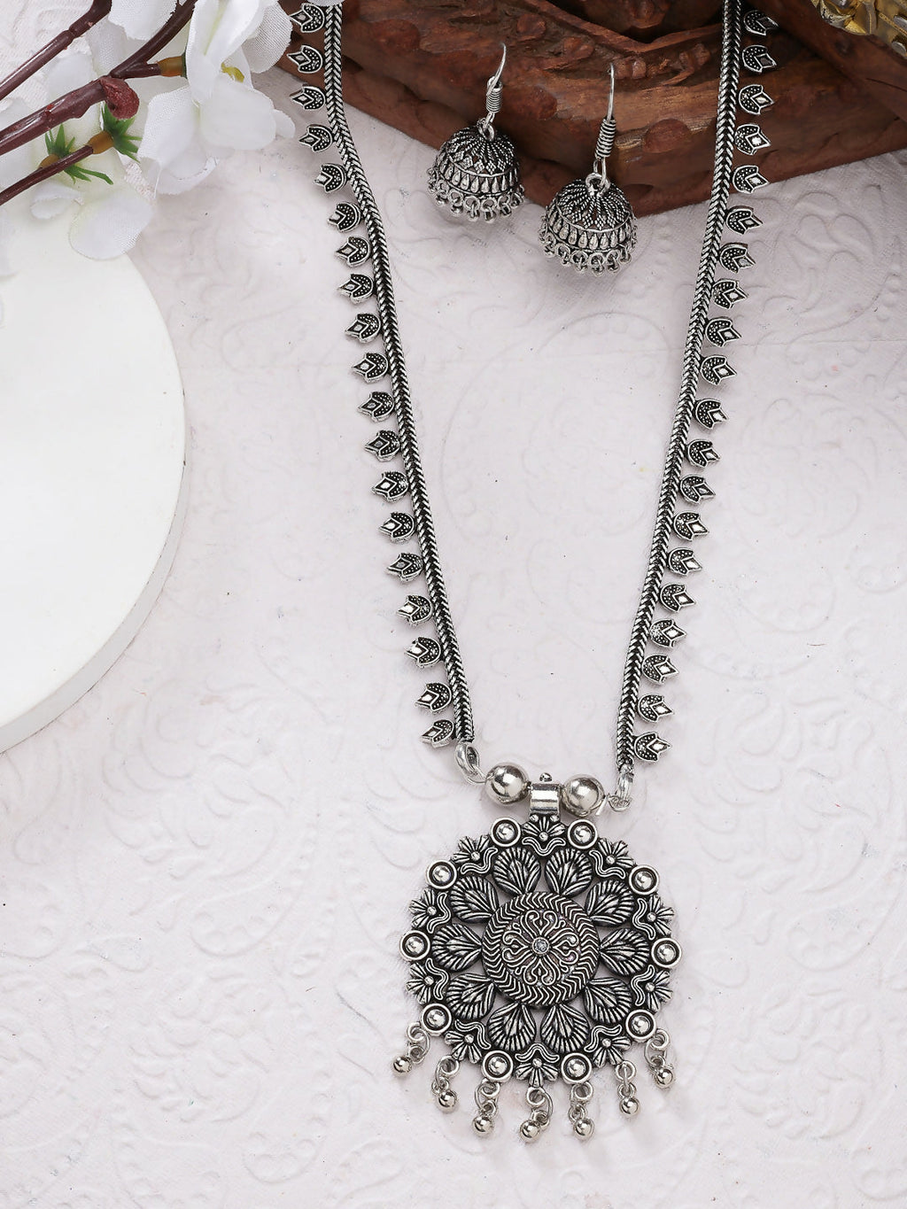 NVR Women's Silver-Toned Floral Shape Oxidized Necklace with Jhumka Earrings
