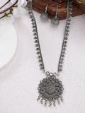 NVR Women's Silver-Toned Floral Shape Oxidized Necklace with Jhumka Earrings
