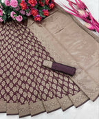 DEIANA'S Beautiful Designer Golden zari Soft Lichi Silk Saree - Brown