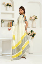 Joban Fashion Off-White Striped Linen Ready To Wear Saree With Unstitched Blouse - Distacart