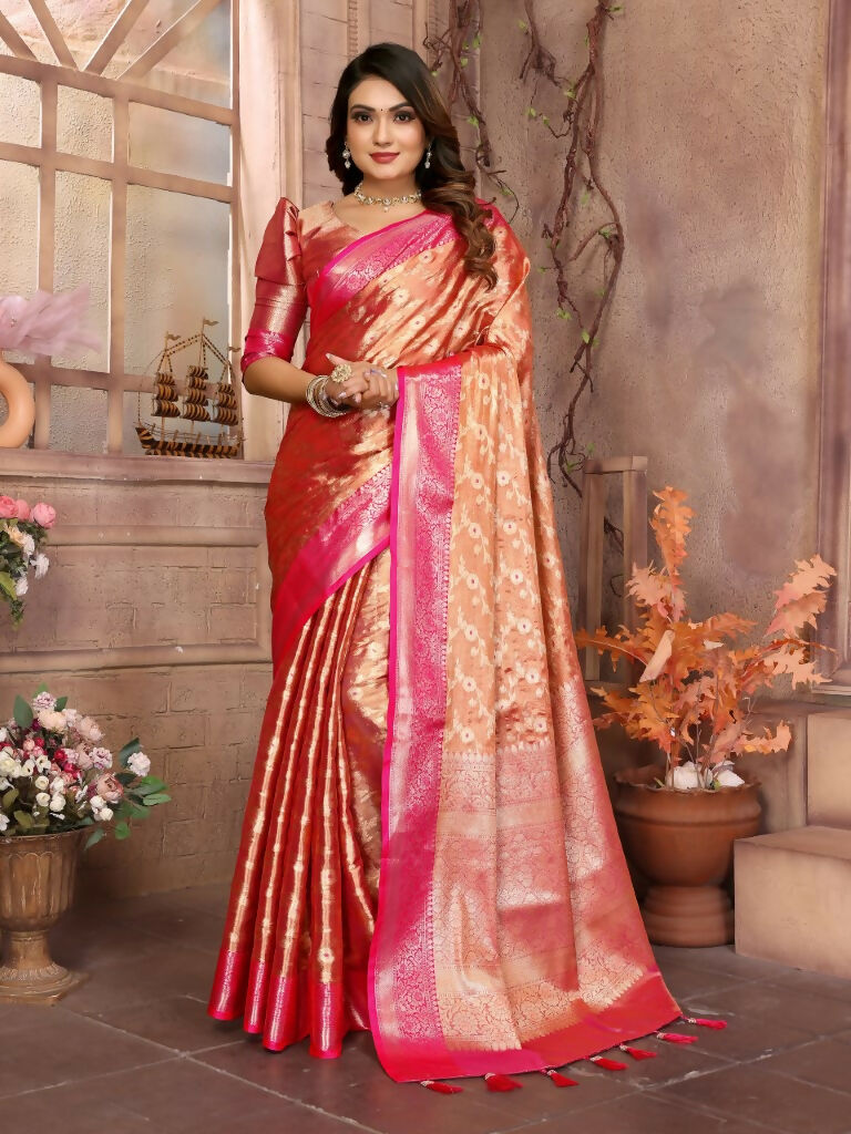 Anaita Orange Tissue Silk With Zari Weaving Saree With Blouse
