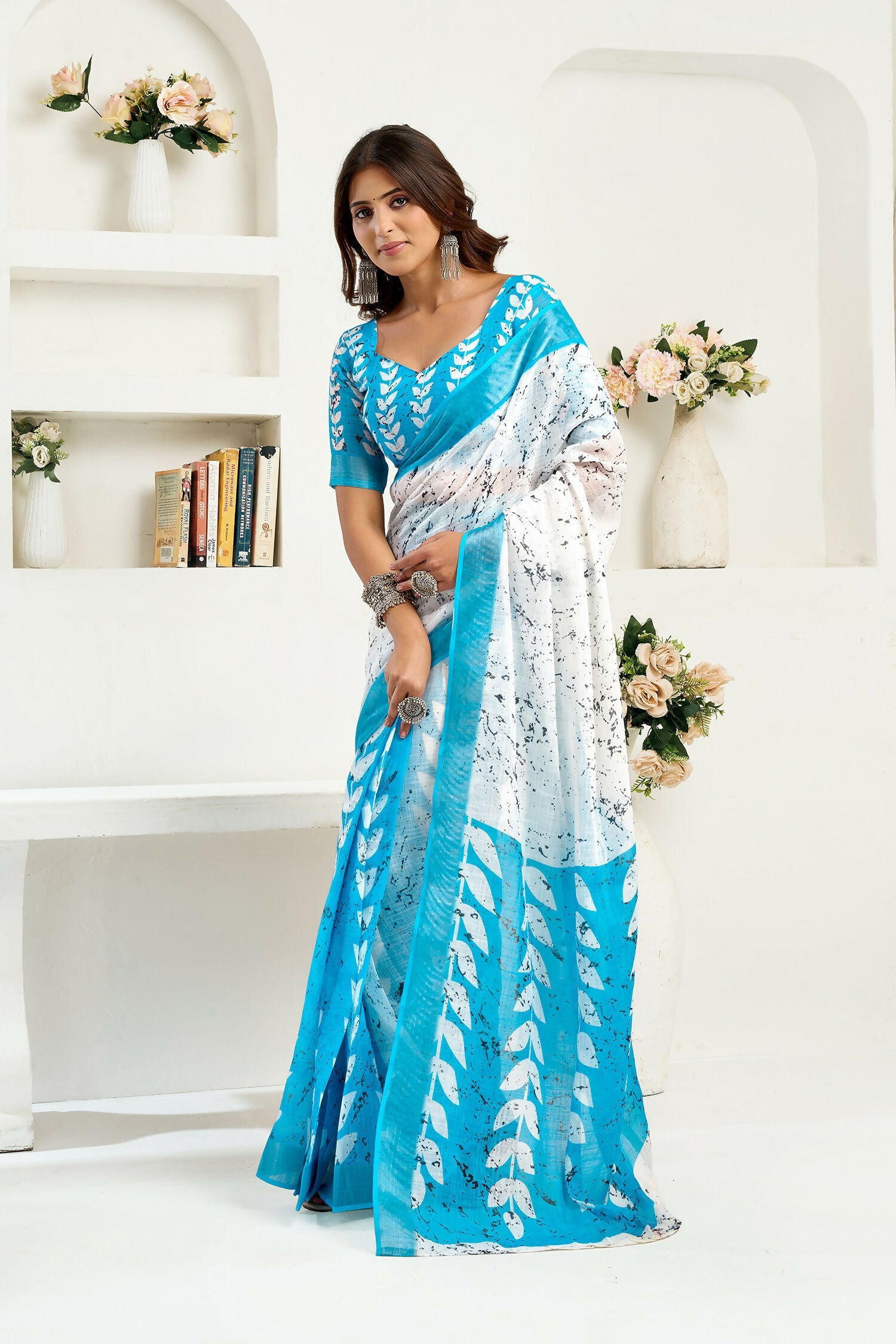 Joban Fashion White Leaf Linen Ready To Wear Saree With Unstitched Blouse - Distacart