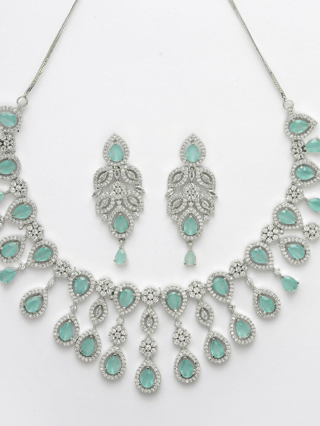 NVR Women's silver plated Turquoise CZ stone handcrafted jewellery set